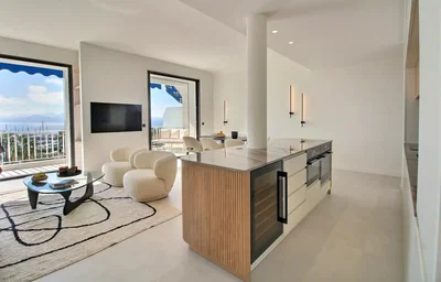 Дневна соба; поглед, кухињски апарати, природно светло, модерни стил