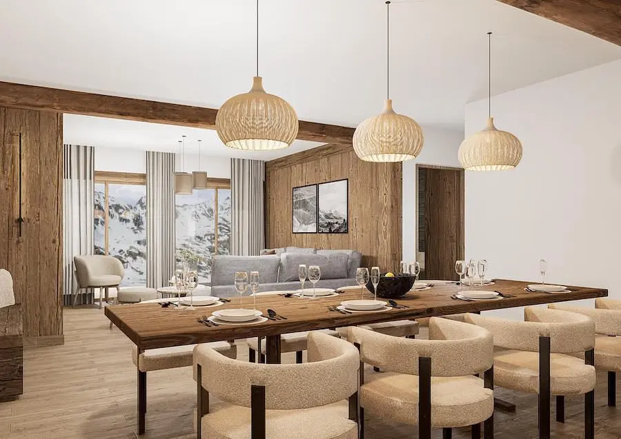 Yemek odası; modern stil, ahşap kirişler, doğal ışık, manzara