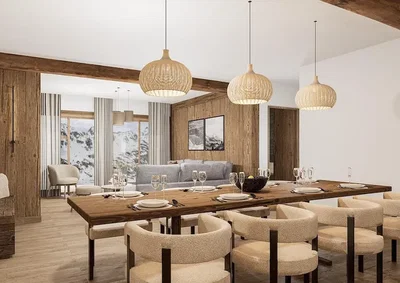 Yemek odası; modern stil, ahşap kirişler, doğal ışık, manzara