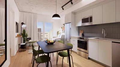 Cuisine; vue, électroménager, lumière naturelle, style moderne, parquet