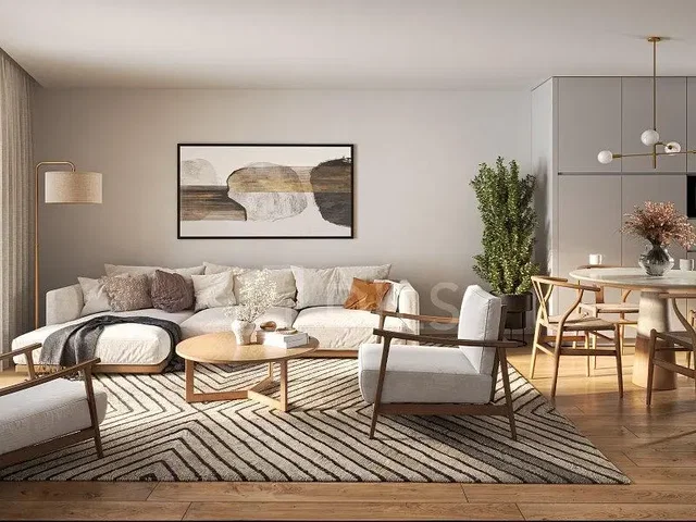 Obývací pokoj; přirozené světlo, moderní styl, dřevěná podlaha