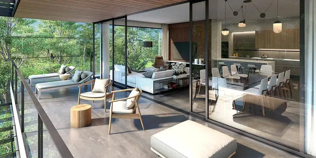 Woonkamer; uitzicht, moderne stijl, natuurlijk licht