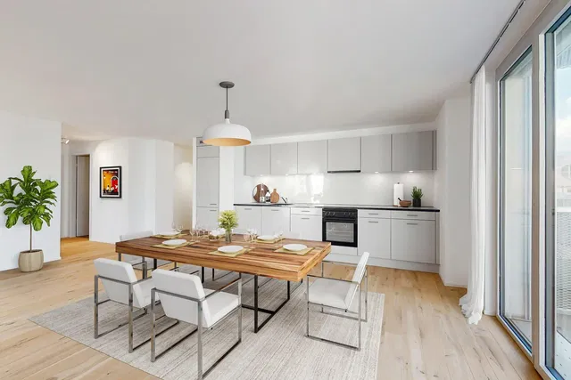 Cucina; elettrodomestici, luce naturale, stile moderno, pavimento in legno