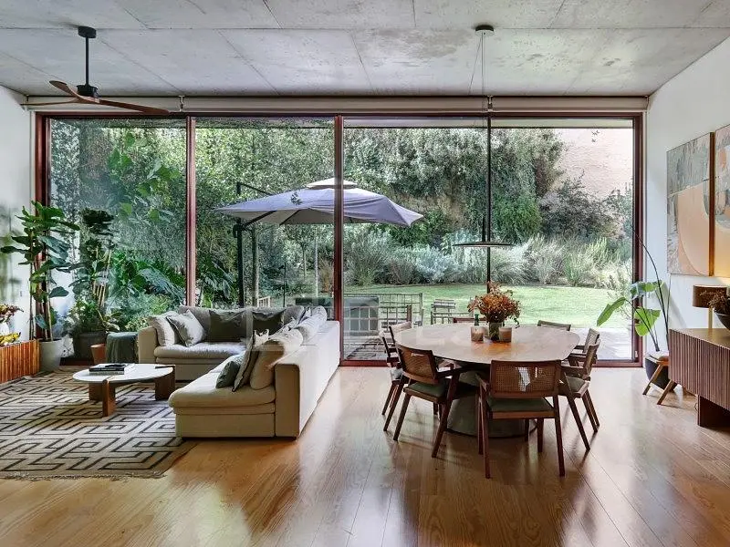 Living room; view, natural light, modern style, wood floor