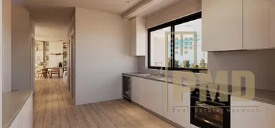 Kitchen; kitchen appliances, wood floor, natural light, modern style