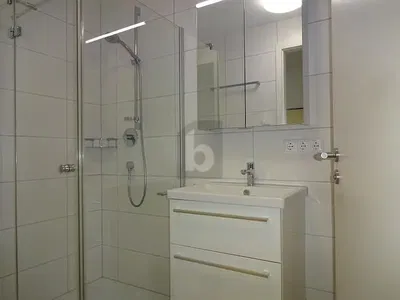 Badkamer; tegelvloer, gerenoveerd, natuurlijk licht, moderne stijl