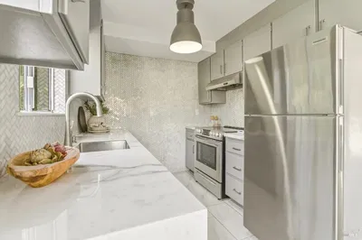 Kuchyně; kuchyňské spotřebiče, přirozené světlo, moderní styl