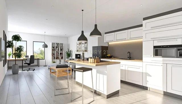 Küche; blick, küchengeräte, tageslicht, moderner stil, fliesenboden