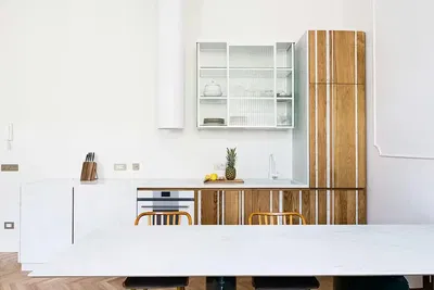 Kitchen; kitchen appliances, wood floor, natural light, modern style