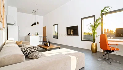 Oturma odası; manzara, fayans zemin, doğal ışık, modern stil
