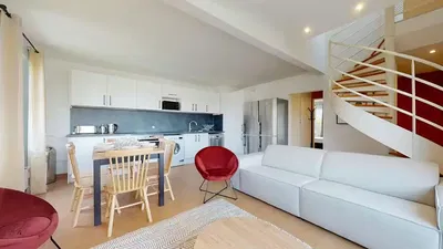 Living room; kitchen appliances, natural light, modern style