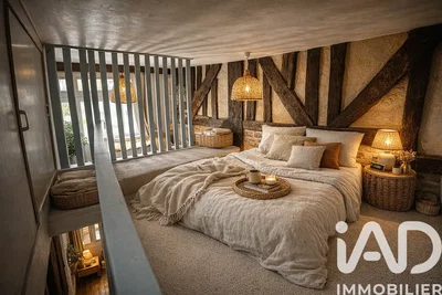 Yatak odası; rustik stil, ahşap kirişler, doğal ışık