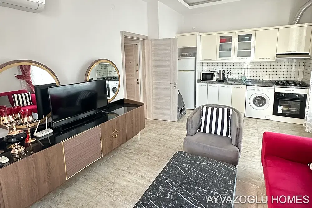 Salon; électroménager, carrelage, style moderne