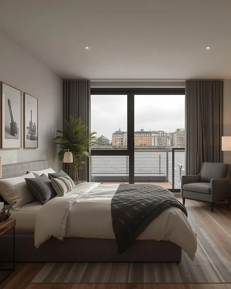 Chambre; vue, parquet, lumière naturelle, style moderne