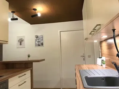 Cuisine; parquet, style moderne, lumière naturelle, rénové