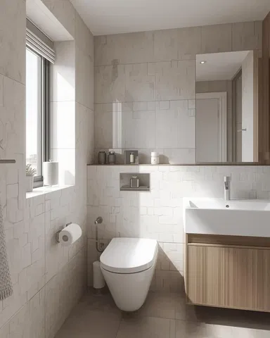 Toilet; tile floor, natural light, renovated, modern style