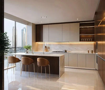 Cuisine; vue, électroménager, lumière naturelle, style moderne, rénové