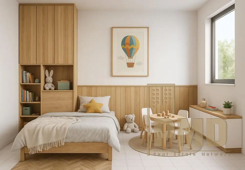Chambre d'enfant; lumière naturelle, style moderne, parquet