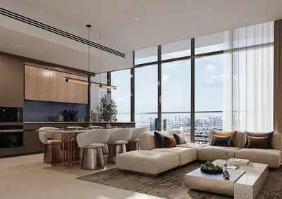 Obývací pokoj; výhled, moderní styl, přirozené světlo