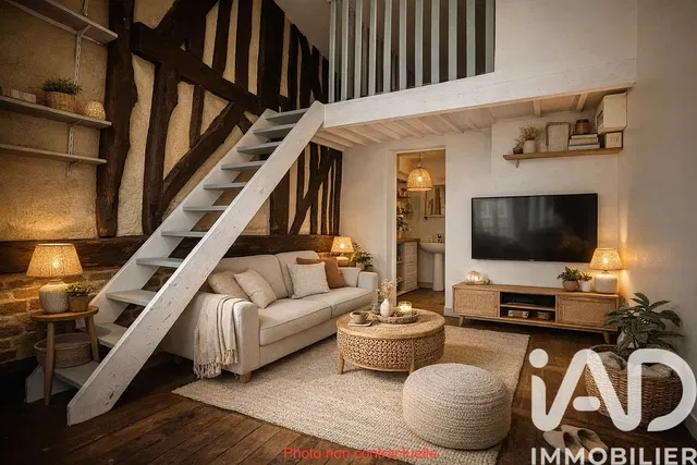Living room; rustic style, wood beams, natural light