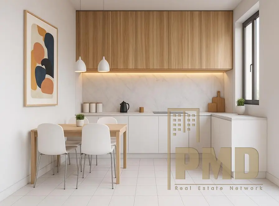 Cuisine; électroménager, carrelage, lumière naturelle, style moderne