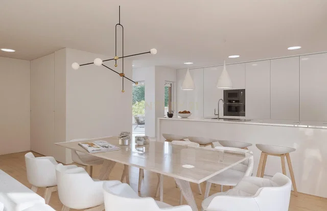 Cucina; elettrodomestici, luce naturale, stile moderno, pavimento in legno