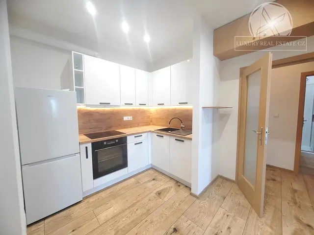 Kitchen; kitchen appliances, wood floor, renovated, natural light, modern style