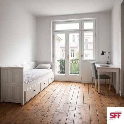 Spálňa; prirodzené svetlo, drevená podlaha, moderný štýl