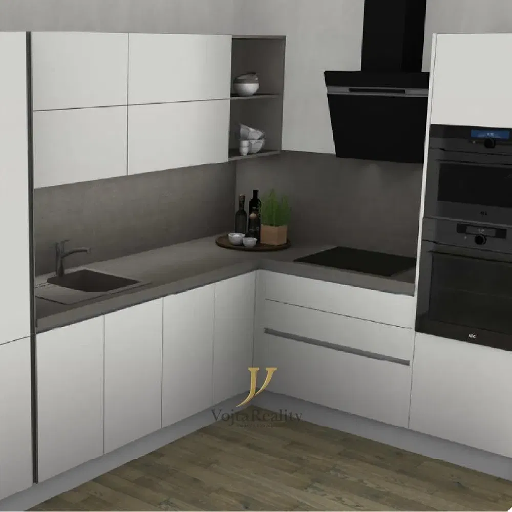 Kuchyňa; kuchynské spotrebiče, drevená podlaha, moderný štýl