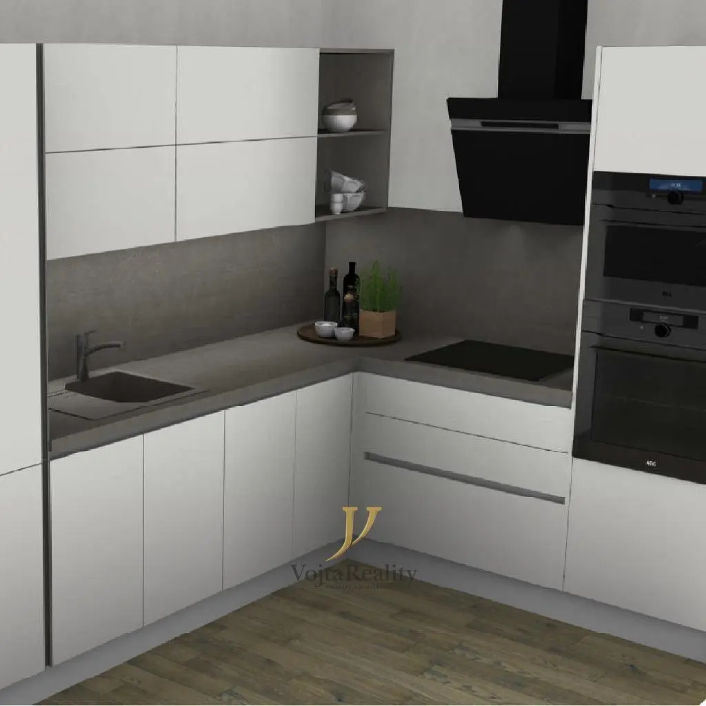 Kuchyňa; kuchynské spotrebiče, drevená podlaha, moderný štýl