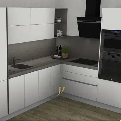 Kuchyňa; kuchynské spotrebiče, drevená podlaha, moderný štýl