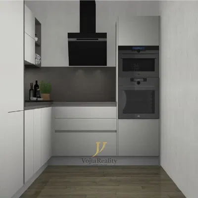 Kuchyňa; kuchynské spotrebiče, drevená podlaha, po rekonštrukcii