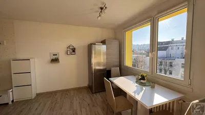 Kuchyně; výhled, kuchyňské spotřebiče, dřevěná podlaha, přirozené světlo