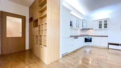 Kuchyně; kuchyňské spotřebiče, dřevěná podlaha, přirozené světlo, moderní styl