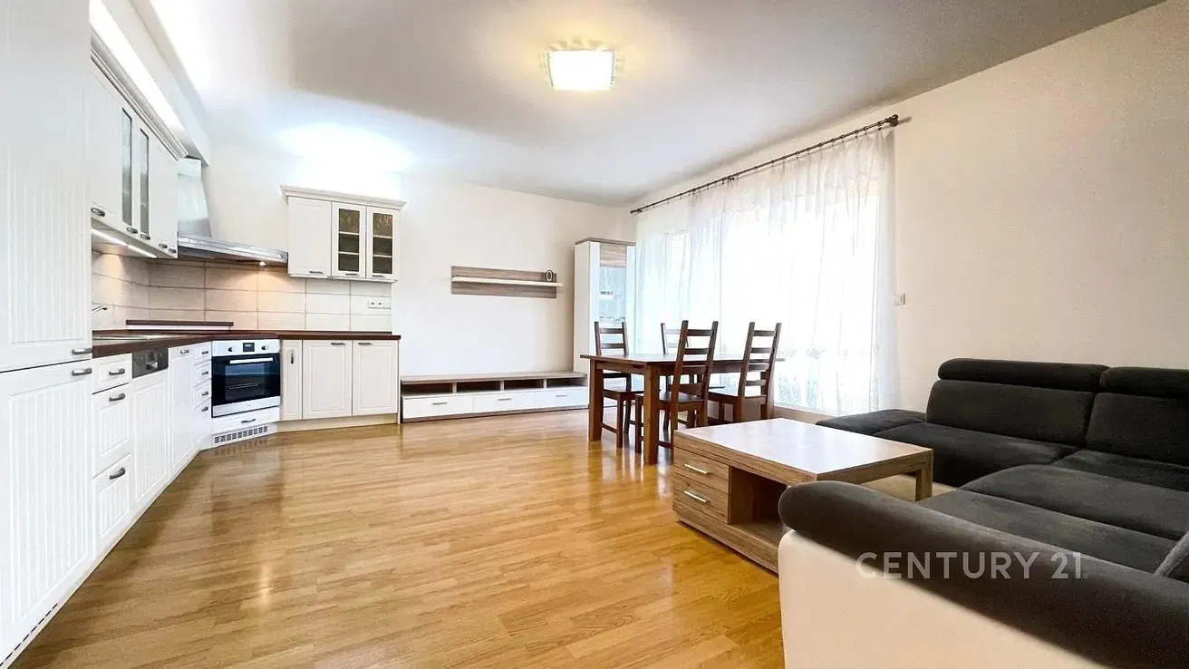 Obývací pokoj; kuchyňské spotřebiče, dřevěná podlaha, přirozené světlo, moderní styl