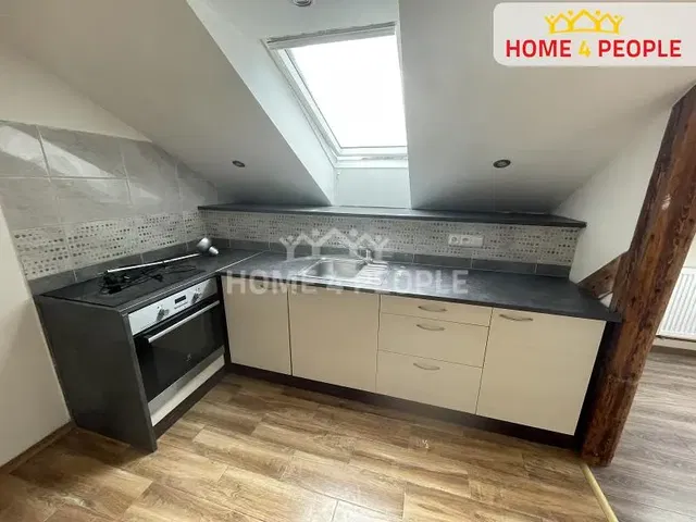 Kuchyně; kuchyňské spotřebiče, dřevěná podlaha, přirozené světlo