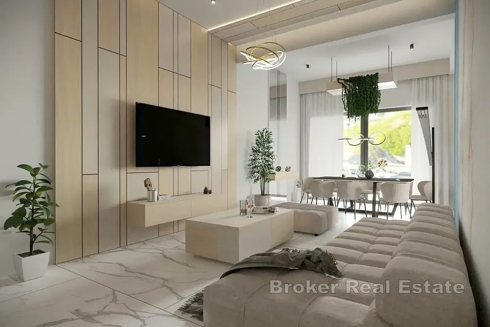 Wohnzimmer; tageslicht, moderner stil, fliesenboden, blick