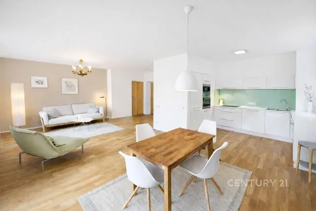 Wohnzimmer; blick, holzboden, moderner stil, tageslicht, küchengeräte