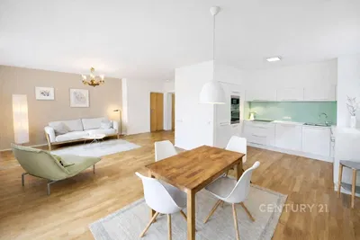 Wohnzimmer; blick, holzboden, moderner stil, tageslicht, küchengeräte