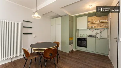 Kitchen; kitchen appliances, wood floor, natural light, modern style