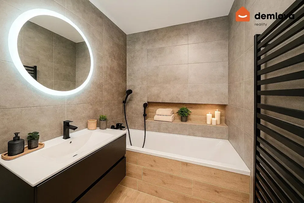 Bathroom; tile floor, renovated, natural light, modern style