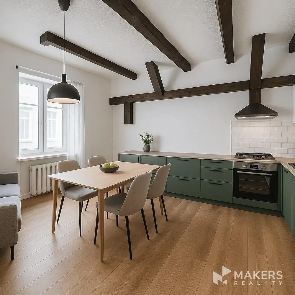 Kuchyně; kuchyňské spotřebiče, dřevěná podlaha, moderní styl, přirozené světlo