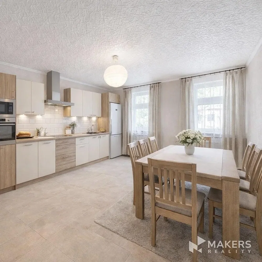 Küche; küchengeräte, tageslicht, moderner stil, fliesenboden