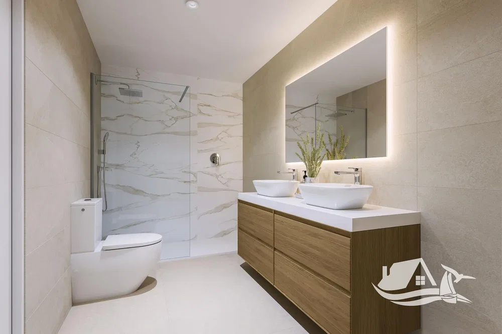 Salle de bain; carrelage, rénové, lumière naturelle, style moderne