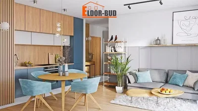 Oturma odası; mutfak aletleri, doğal ışık, modern stil, ahşap zemin