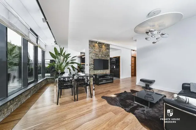 Living room; view, wood floor, natural light, modern style
