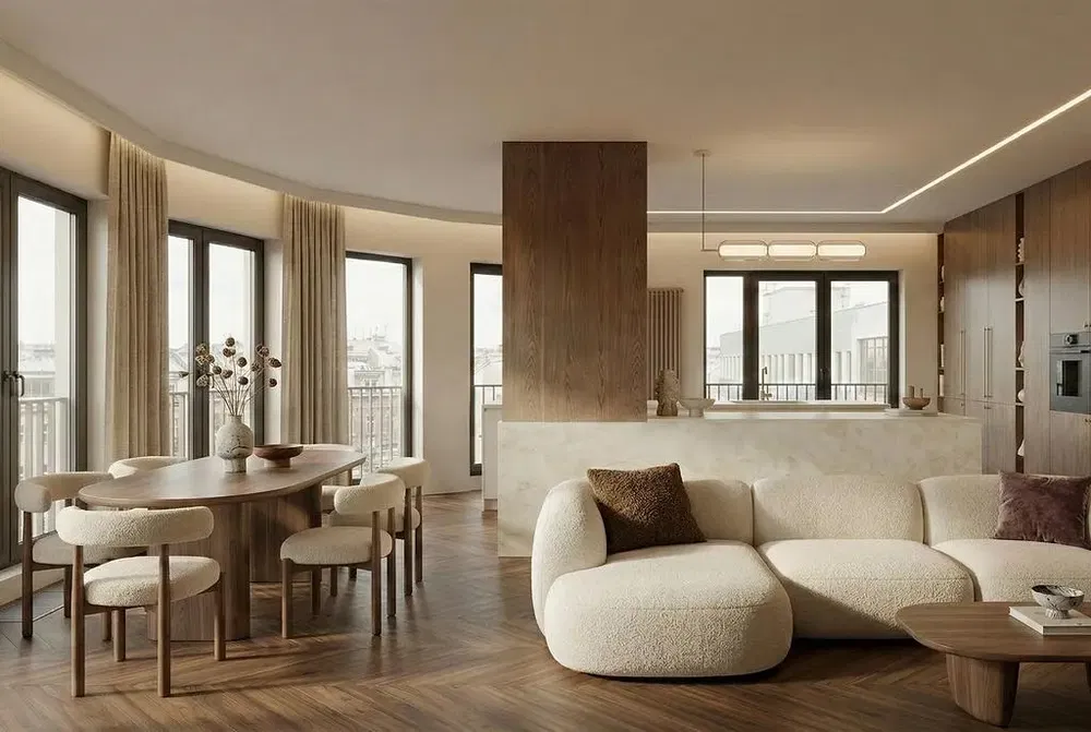 Oturma odası; manzara, ahşap zemin, doğal ışık, modern stil