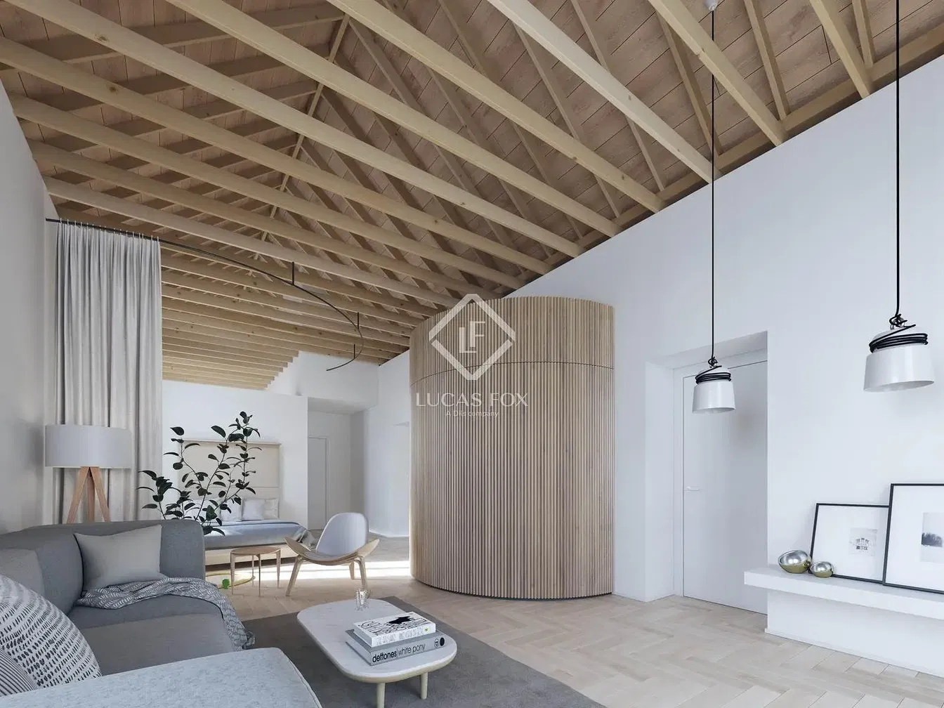 غرفة معيشة; عوارض خشبية, ضوء طبيعي, أسلوب عصري