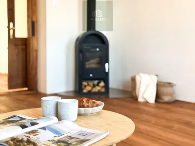 Living room; fireplace, wood floor, natural light
