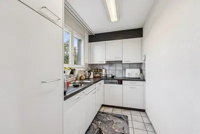 مطبخ; أجهزة المطبخ, أرضية من البلاط, ضوء طبيعي, أسلوب عصري